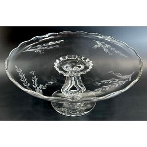 Vintage Etched Glass Cake Stand Pedestal Heart Stem Wheat Floral Scalloped 11"